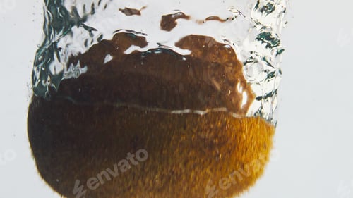 Preview: Closeup kiwi falling water in light background. Tropical fruit dropping making