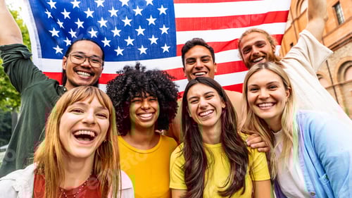 Preview: Multiracial American people holding United States flag