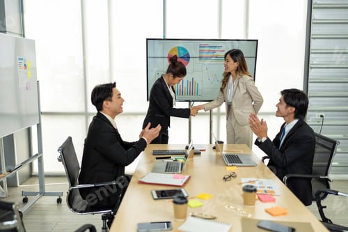 Preview: Employee meeting big screen tv presentation conference discussion brainstorming and working together