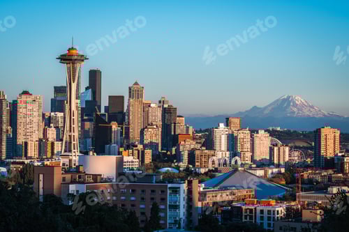 Preview: Seattle cityscape during a clear sky day with Mount Rainer at the background