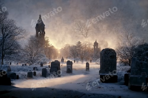 Preview: Cemetery covered by snow in winter. Dramatic sky background.