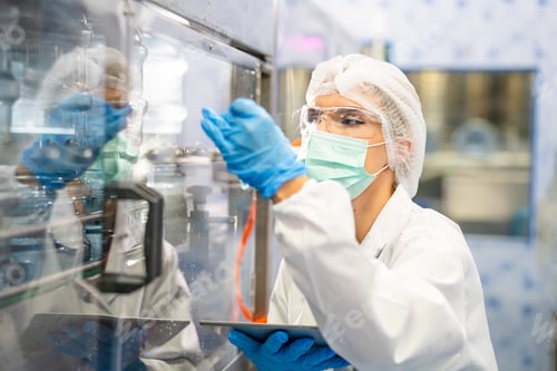 Preview: Female worker inspecting water bottle on production line in spring water factory