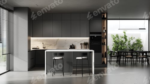 Preview: Modern dark kitchen and dining room interior with furniture and kitchenware, grey