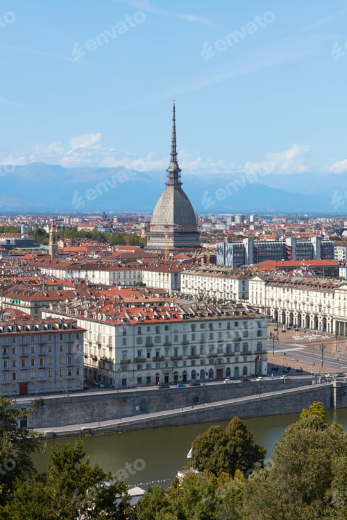 Preview: Turin view, Po river and Mole Antonelliana tower in a sunny summer day in Italy