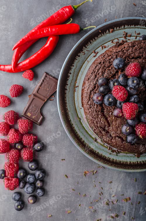 Visualização: Bolo de brownies com pimenta e frutas vermelhas