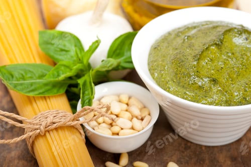 Preview: Italian traditional basil pesto pasta ingredients