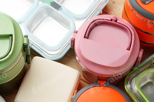 Preview: Many plastic food containers in a shop for background