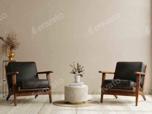 Preview: Living room with two leather armchair on empty cream color wall background