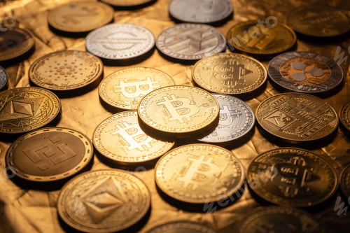 Preview: Cryptocurrency coin and bitcoin on golden background