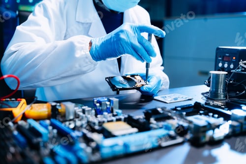 Preview: Professional technician repairing hard drive for data recovery in modern technology lab.