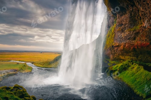 Preview: Landscape view of beautiful Seljalandsfoss waterfall in Iceland