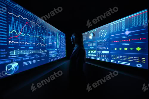 Preview: The business lady standing between blue monitors in the dark office.