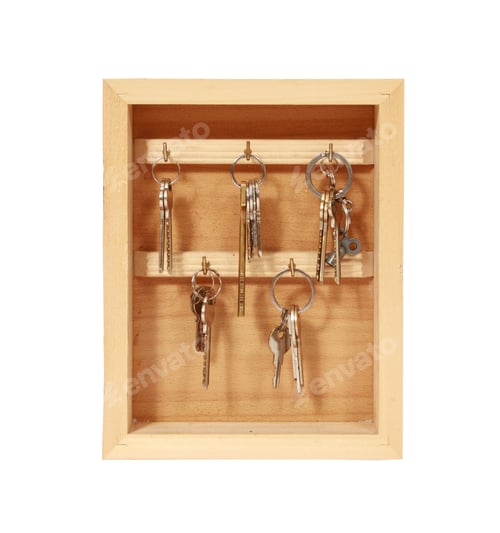 Preview: Closeup shot of a wooden key holder with keys isolated on a white background