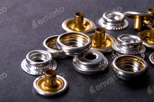 Preview: Detail for metal buttons clothing on black background. Close up.