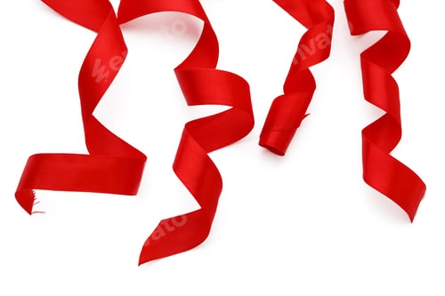 Preview: Top view close up of red ribbon isolated on white background. Flat lay