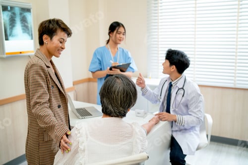 Preview: Back of senior woman discuss with young doctor analysis the disease and her relative