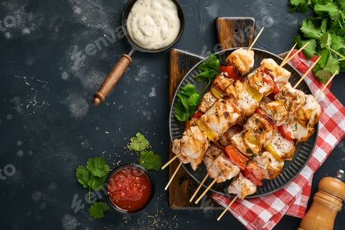 Preview: Chicken shish kebab or skewers kebab on wooden board, spices, herbs and vegetables on dark grey back