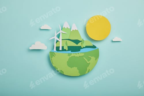 Preview: top view of paper cut planet with renewable energy sources on turquoise background, earth day