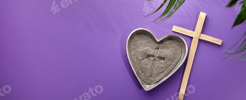 Preview: Ash Wednesday, Lent Season and Holy Week concept. Christian crosses and ashes on purple background.