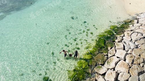 Preview: People are strolling along the crystal blue waters of a pristine beach