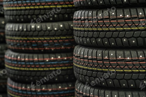Preview: Sale of car tires for sale in the store. Many new winter tires lie