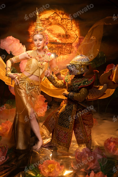 Preview: Traditional Thai dance performance featuring a graceful female dancer and a masked Khon performer