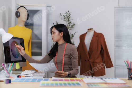 Preview: Fashion designer working with colour palette on computer in creative office