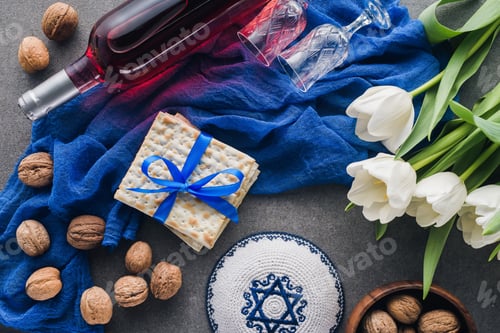 Preview: top view of kippah, matza and wine, jewish Passover holiday concept