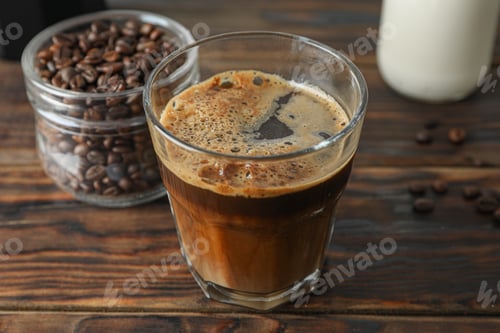 Preview: Glass of fresh coffee and coffee beans on wooden table, space for text