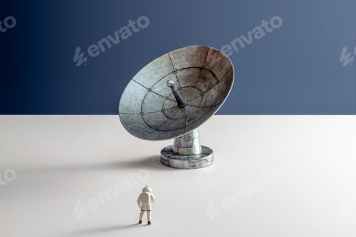 Preview: Minimalistic still life astronaut miniature looking at astronomical radio telescope landscape
