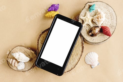 Preview: phone with empty screen and colorful shells on wooden craft background