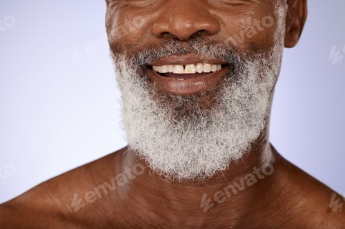 Preview: Zoom, dental or teeth of a black man with smile after dentist appointment for teeth whitening or cl
