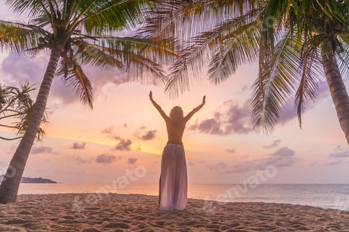 Preview: Woman on the beach at sunset under the coconut trees