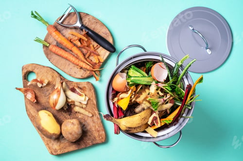 Preview: Recycle kitchen waste. Sustainable and zero waste living. Vegetable waste in recycling compost pot
