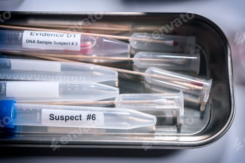 Preview: Several DNA samples from suspects in crime lab, conceptual image