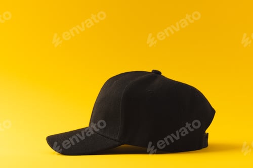 Preview: Black baseball cap and copy space on yellow background