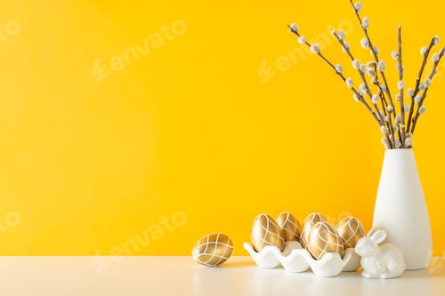 Preview: Easter countertop theme. Side view of a counter with a porcelain container holding gilded eggs