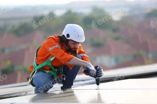 Preview: Engineer service check installation solar cell on the roof of factory. technician checks solar cell.