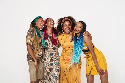 Preview: Young black four women wearing dress hugging and laughing