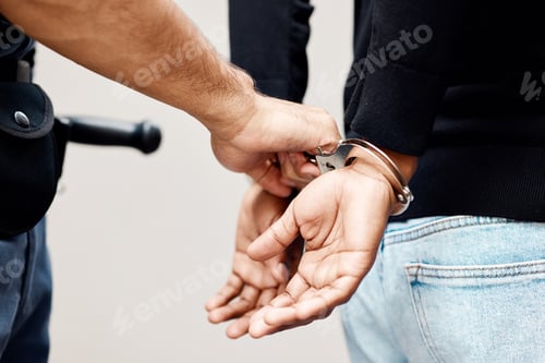 Preview: Man, police and handcuffs on criminal for arrest, crime or justice in theft, robbery or violence in