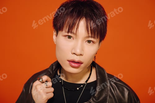 Preview: Stylish young asian man poses confidently against a vibrant orange background