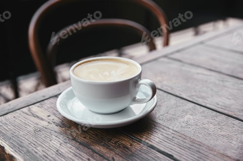 Preview: close-up shot of cup of fresh coffee on rustic wooden table at restaurant