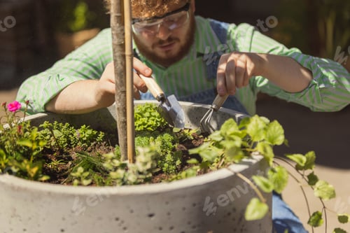 Preview: Portrait of redheaded bearded man, farmer working in the garden, outdoors Concept of professional