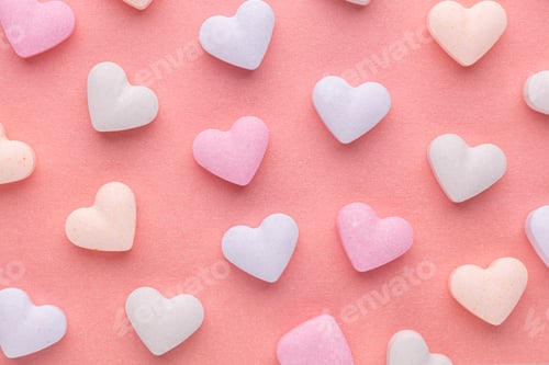 Preview: Composition with candy hearts on pastel blue background.