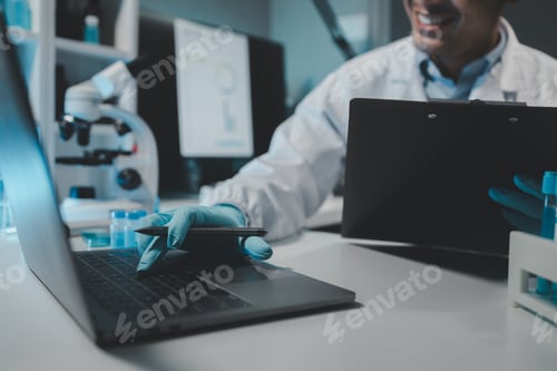 Preview: Chemist taking notes on research data, Scientist is working in the laboratory, Chemist is analyzing