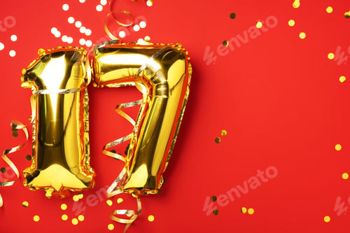 Preview: Gold foil balloon number, digit seventeen. Birthday greeting card, inscription 17.