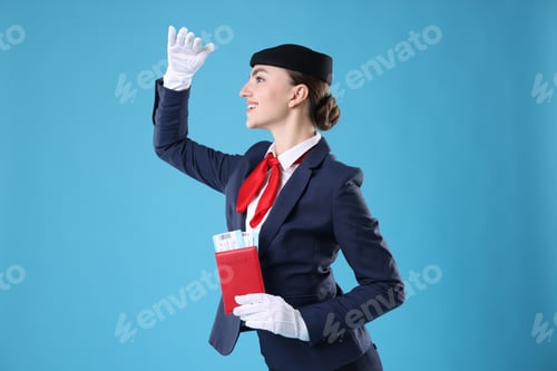 Preview: Smiling stewardess with passport and tickets on light blue background