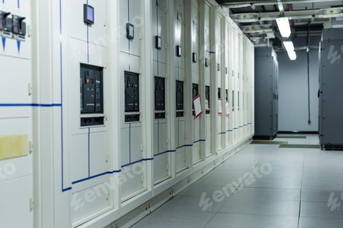 Preview: rows of closed servers in corridor of data center, cyber security concept
