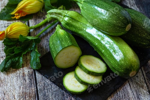 Vista previa: Harvesting zucchini. Healthy uncooked fresh green zucchini on a wooden kitchen table.