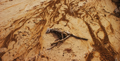 Preview: An animal skeleton on a sandy beach.